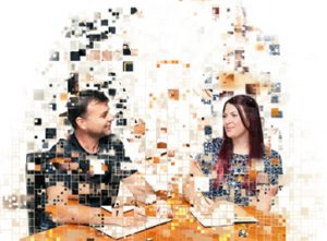 Pixelated image of Arron and Tracey from the Mint team.