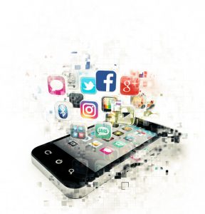 Pixelated image of a smartphone with Social Media Marketing icons emerging from the screen.