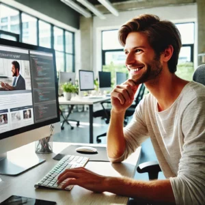 Happy website designer working on website in a modern office.